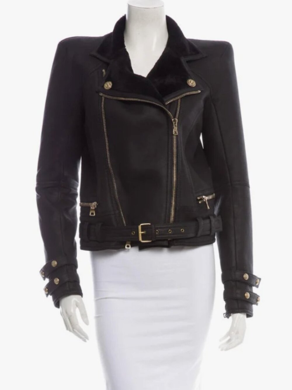 Balmain  Shearling Leather Jacket  Black | Size: M | US6, FR38
